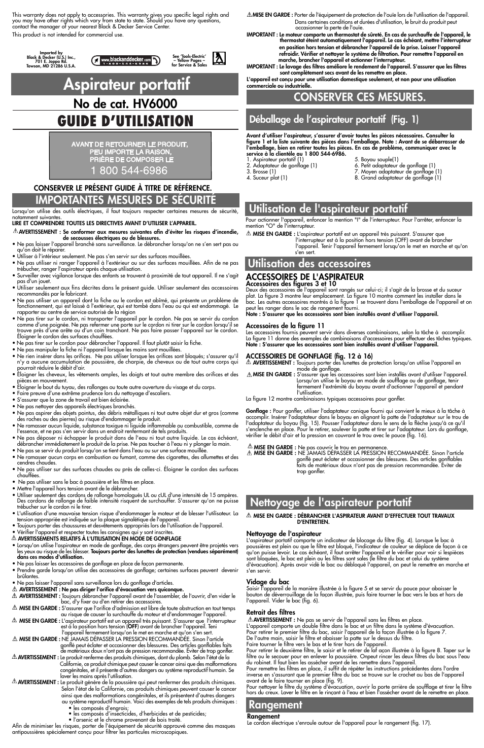 Aspirateur portatif, Guide d’utilisation, No de cat. hv6000 | Conserver ces mesures, Rangement, Déballage de l’aspirateur portatif (fig. 1), Accessoires de l'aspirateur | Black & Decker 5145522-00 User Manual | Page 3 / 5