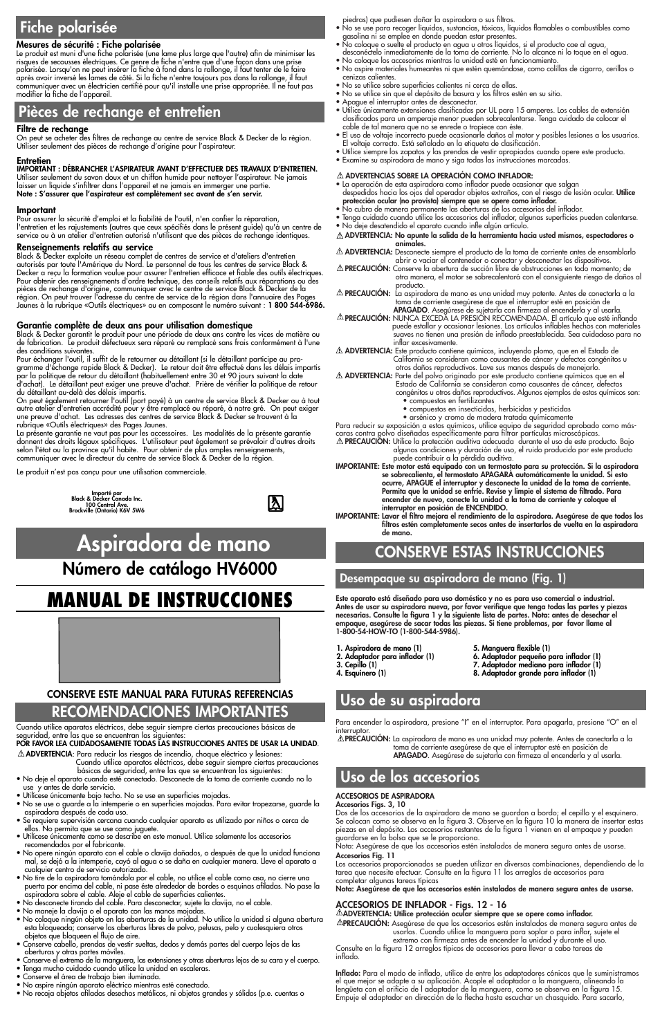 Aspiradora de mano, Manual de instrucciones, Número de catálogo hv6000 | Conserve estas instrucciones, Uso de su aspiradora, Recomendaciones importantes, Pièces de rechange et entretien, Uso de los accesorios fiche polarisée, Desempaque su aspiradora de mano (fig. 1) | Black & Decker 5145522-00 User Manual | Page 4 / 5