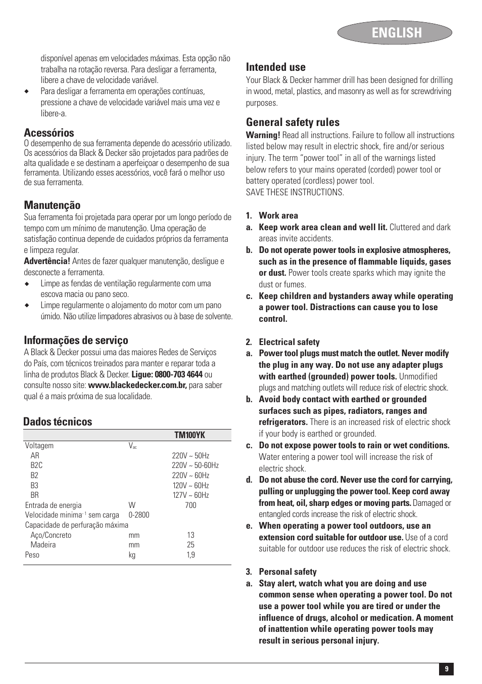 English, Acessórios, Manutenção | Informações de serviço, Dados técnicos intended use, General safety rules | Black & Decker KR55CRE User Manual | Page 9 / 12