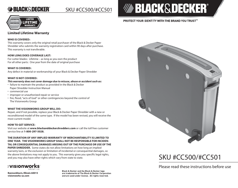 Black & Decker Paper Shredder CC500 User Manual | 2 pages