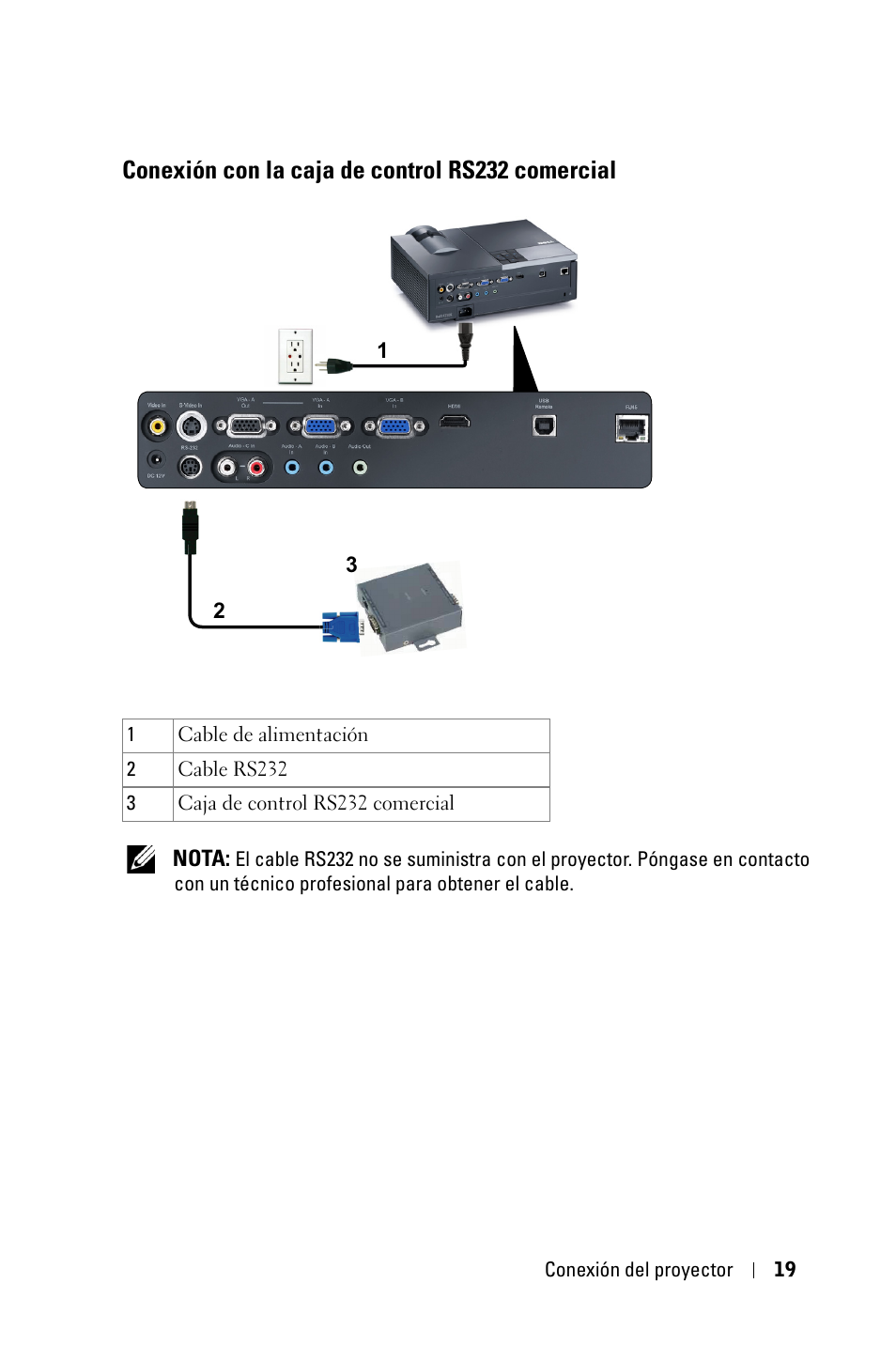 Conexión con la caja de control rs232 comercial, Conexión con la caja de control rs232, Comercial | Dell 4210X Projector User Manual | Page 19 / 82