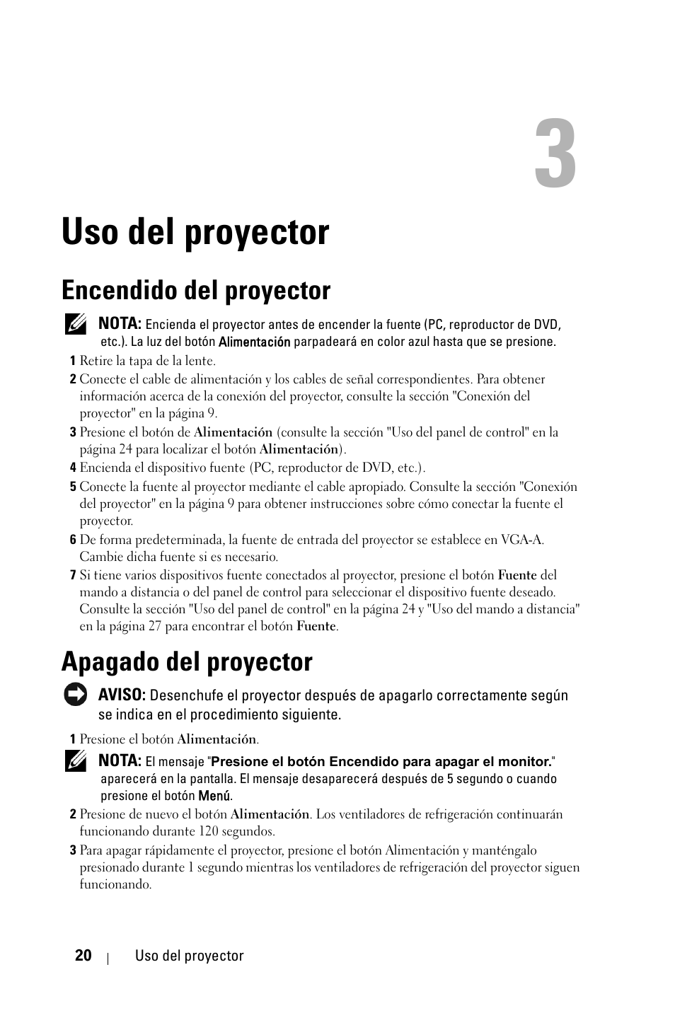 Uso del proyector, Encendido del proyector, Apagado del proyector | Dell 4210X Projector User Manual | Page 20 / 82