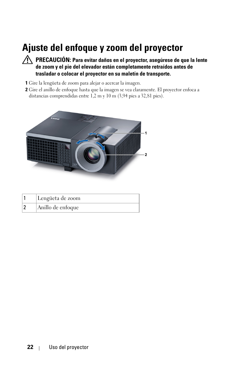 Ajuste del enfoque y zoom del proyector | Dell 4210X Projector User Manual | Page 22 / 82