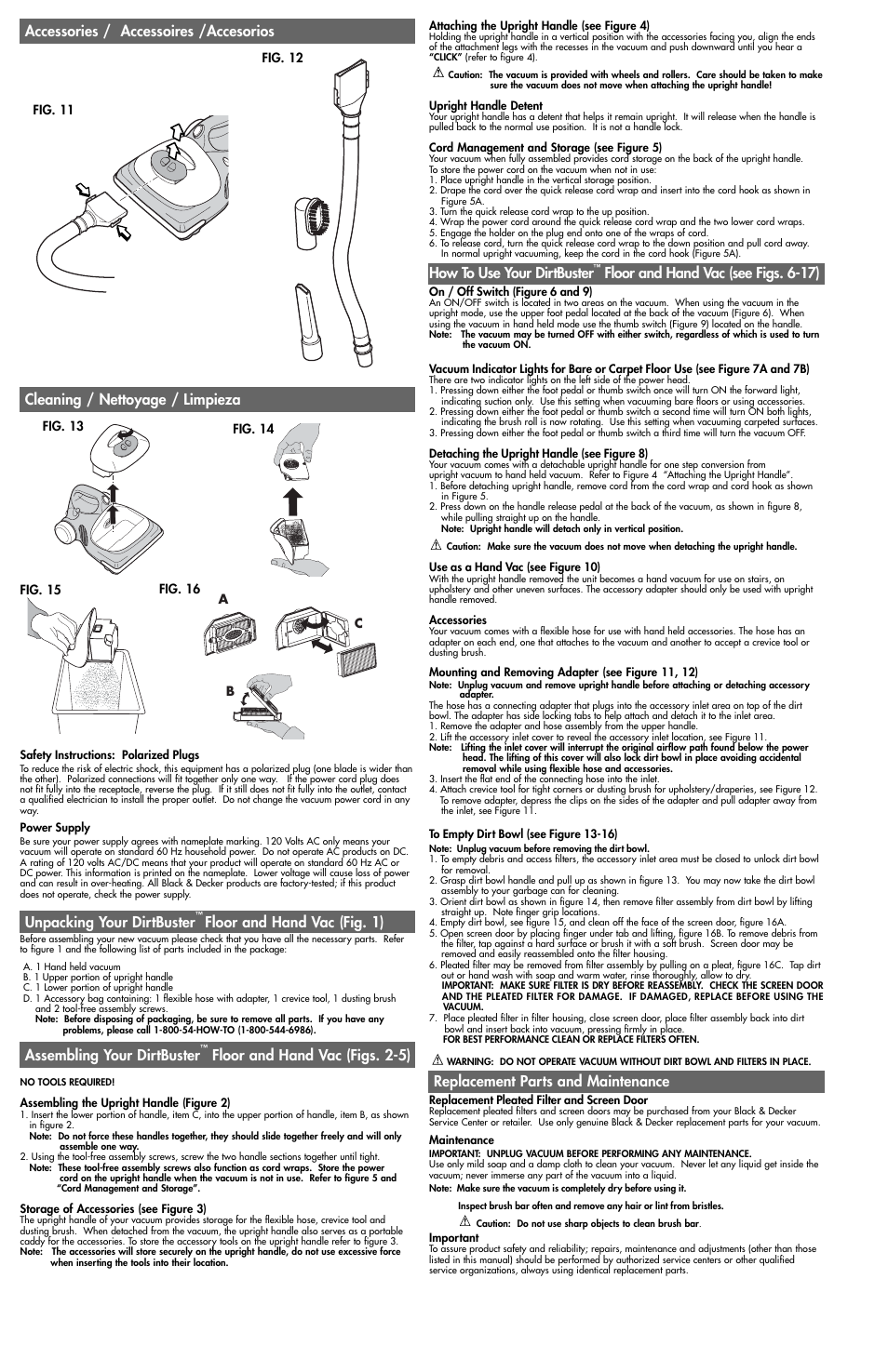 Unpacking your dirtbuster, Floor and hand vac (fig. 1), Replacement parts and maintenance | Assembling your dirtbuster, Floor and hand vac (see figs. 6-17) | Black & Decker Dirt Buster FV7000 User Manual | Page 2 / 5