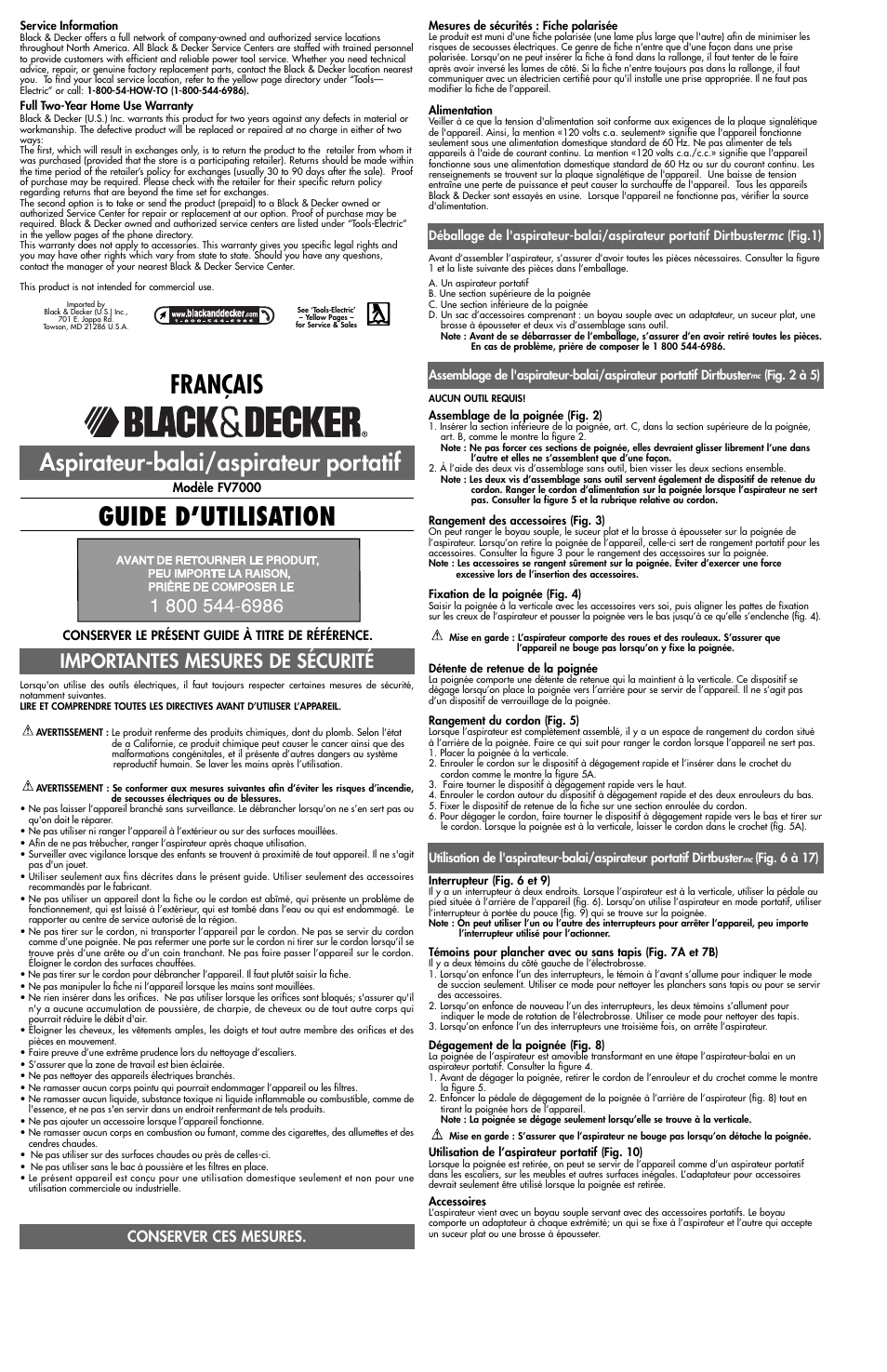 Guide d’utilisation français, Aspirateur-balai/aspirateur portatif, Importantes mesures de sécurité | Conserver ces mesures | Black & Decker Dirt Buster FV7000 User Manual | Page 3 / 5