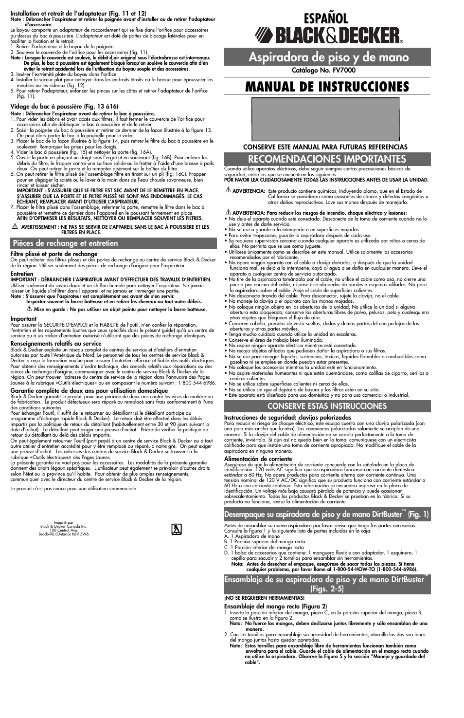Español, Manual de instrucciones, Aspiradora de piso y de mano | Recomendaciones importantes, Figs. 2-5), Pièces de rechange et entretien | Black & Decker Dirt Buster FV7000 User Manual | Page 4 / 5