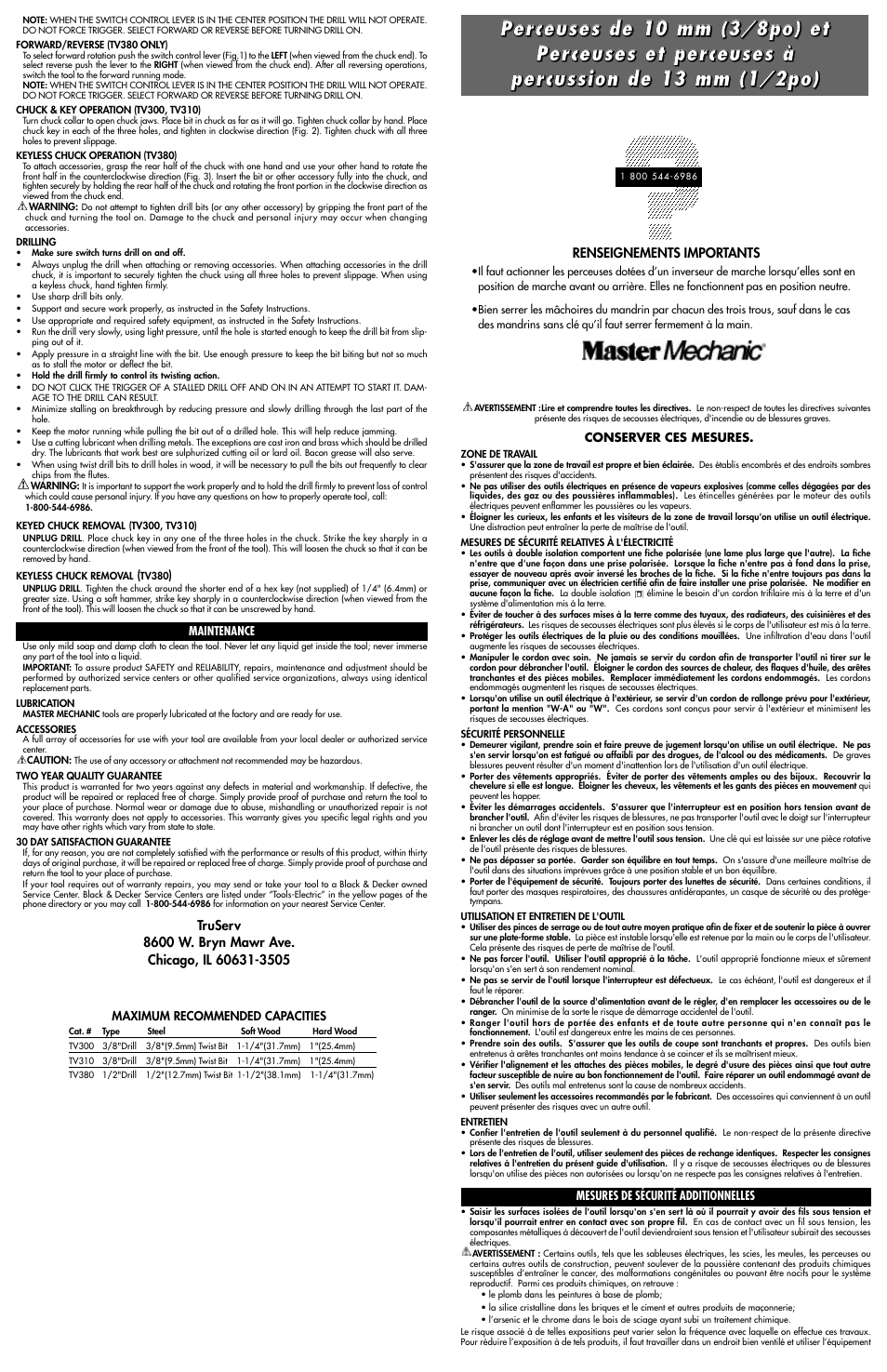 Black & Decker Master Mechanic TV310 User Manual | Page 2 / 4