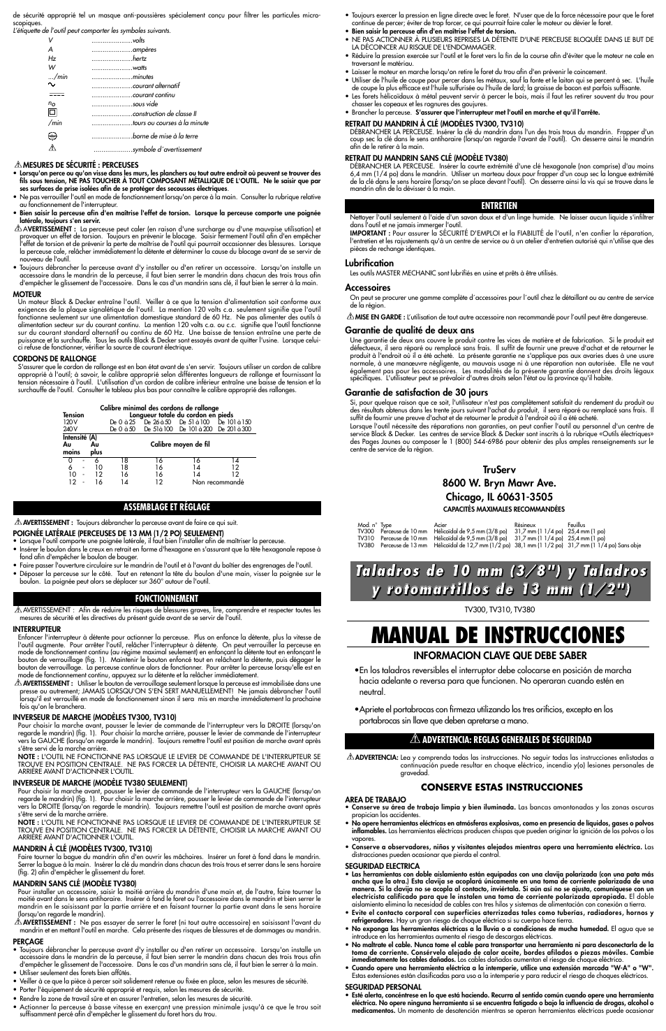 Manual de instrucciones | Black & Decker Master Mechanic TV310 User Manual | Page 3 / 4