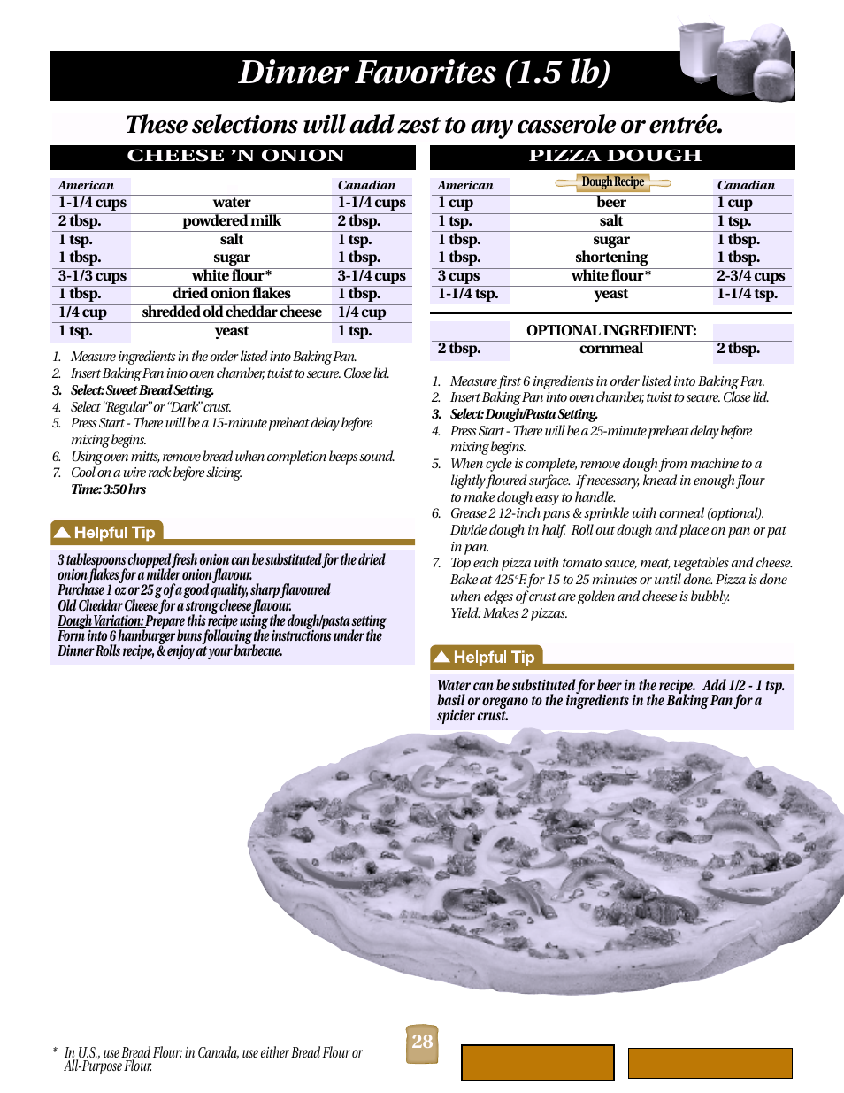 Cheese ’n onion (1.5 lb), Pizza dough (dough recipe) (1.5 lb), Dinner favorites (1.5 lb) | Black & Decker B1620 User Manual | Page 28 / 34