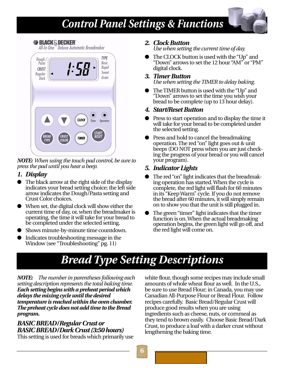 Control panel, Display, Clock button | Timer button, Start/reset button, Indicator lights | Black & Decker B1620 User Manual | Page 6 / 34