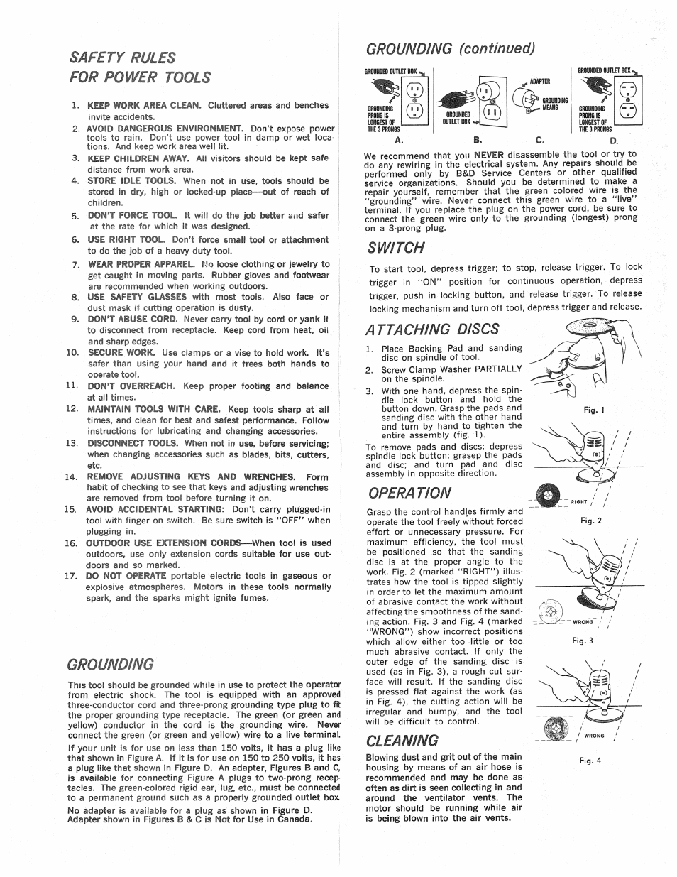 Grounding (continued), Grounding, Attaching discs | Operation, Cleaning, Tools grounding (continued), Safety rules for power | Black & Decker 4040 User Manual | Page 2 / 2
