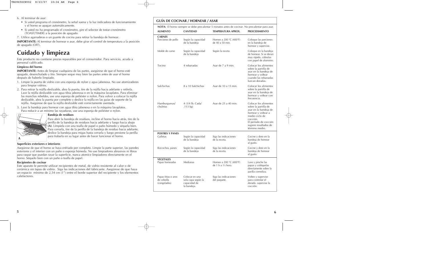 Cuidado y limpieza, Aguía de cocinar / hornear / asar | Black & Decker TRO965 User Manual | Page 4 / 11