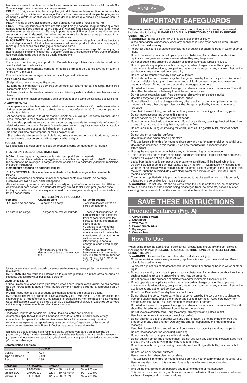 Important safeguards, Save these instructions, How to use product features (fig. a) | English | Black & Decker VA090020D User Manual | Page 2 / 3