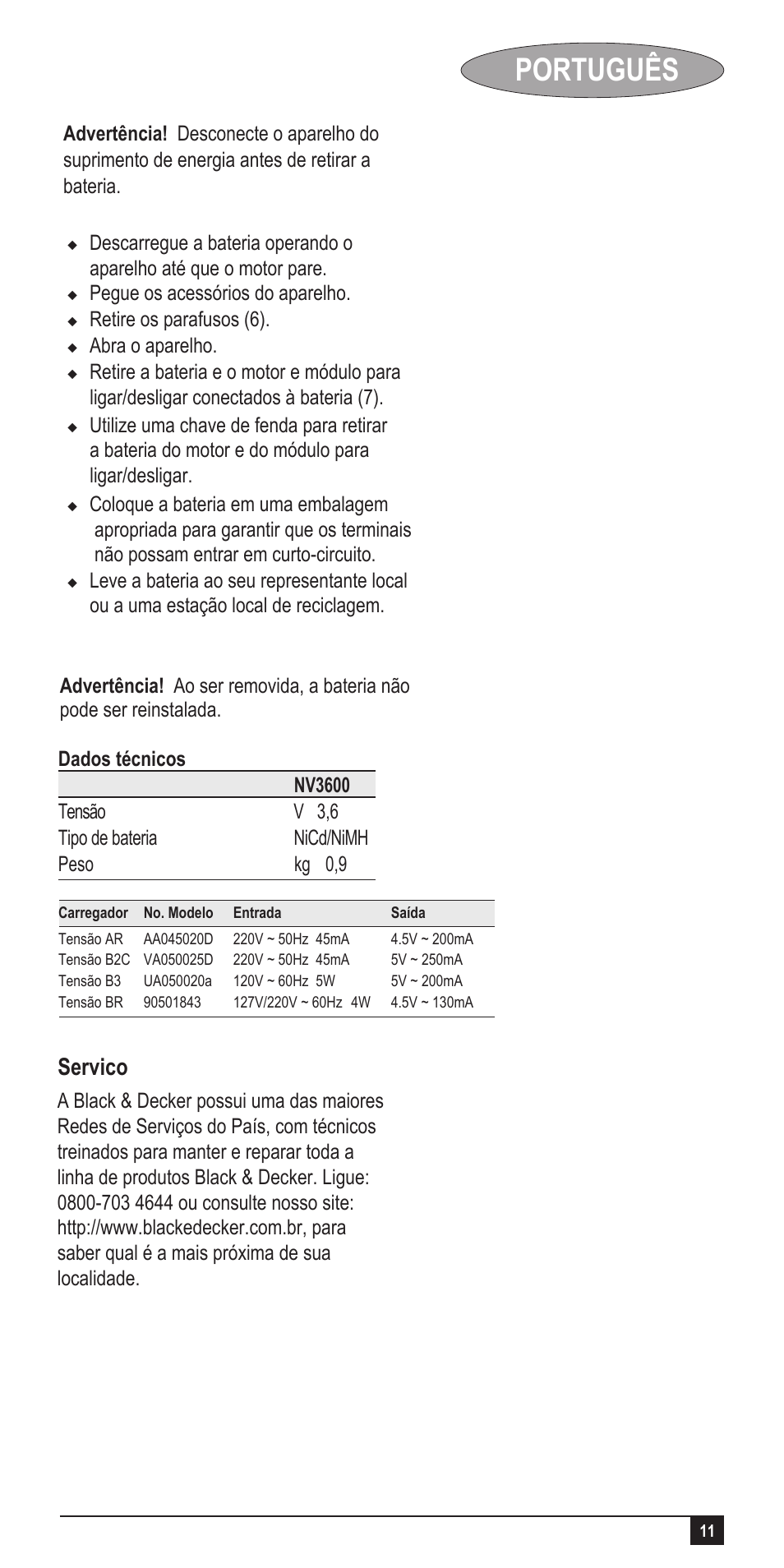 Português, Servico | Black & Decker Dust Buster AA045020D User Manual | Page 11 / 16