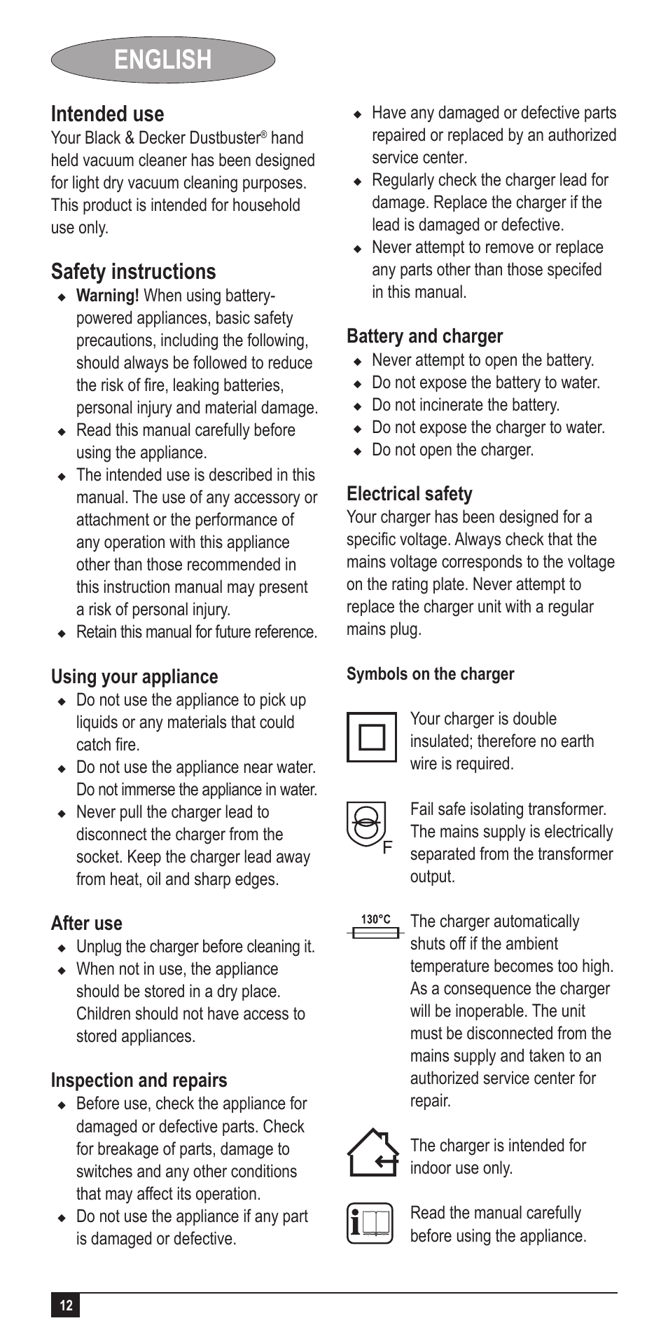 English, Intended use, Safety instructions | Using your appliance, After use, Inspection and repairs, Battery and charger, Electrical safety | Black & Decker Dust Buster AA045020D User Manual | Page 12 / 16