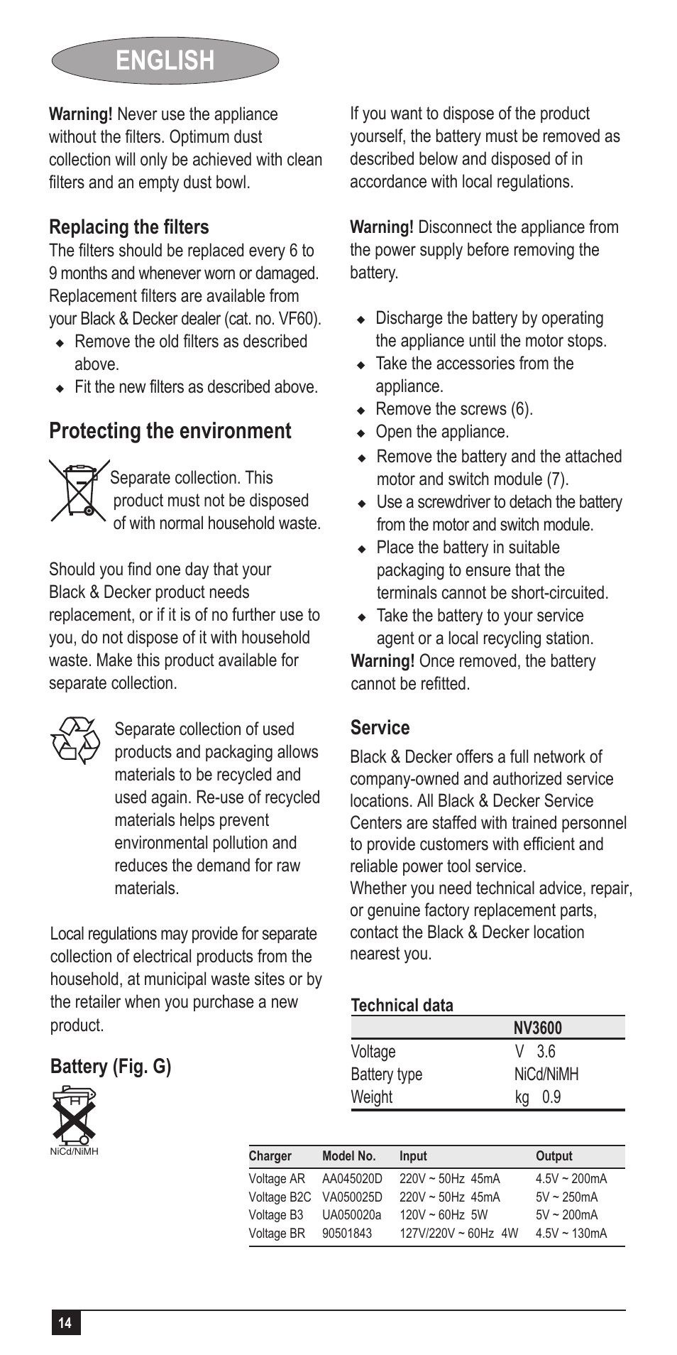 English, Protecting the environment, Replacing the filters | Battery (fig. g), Service | Black & Decker Dust Buster AA045020D User Manual | Page 14 / 16