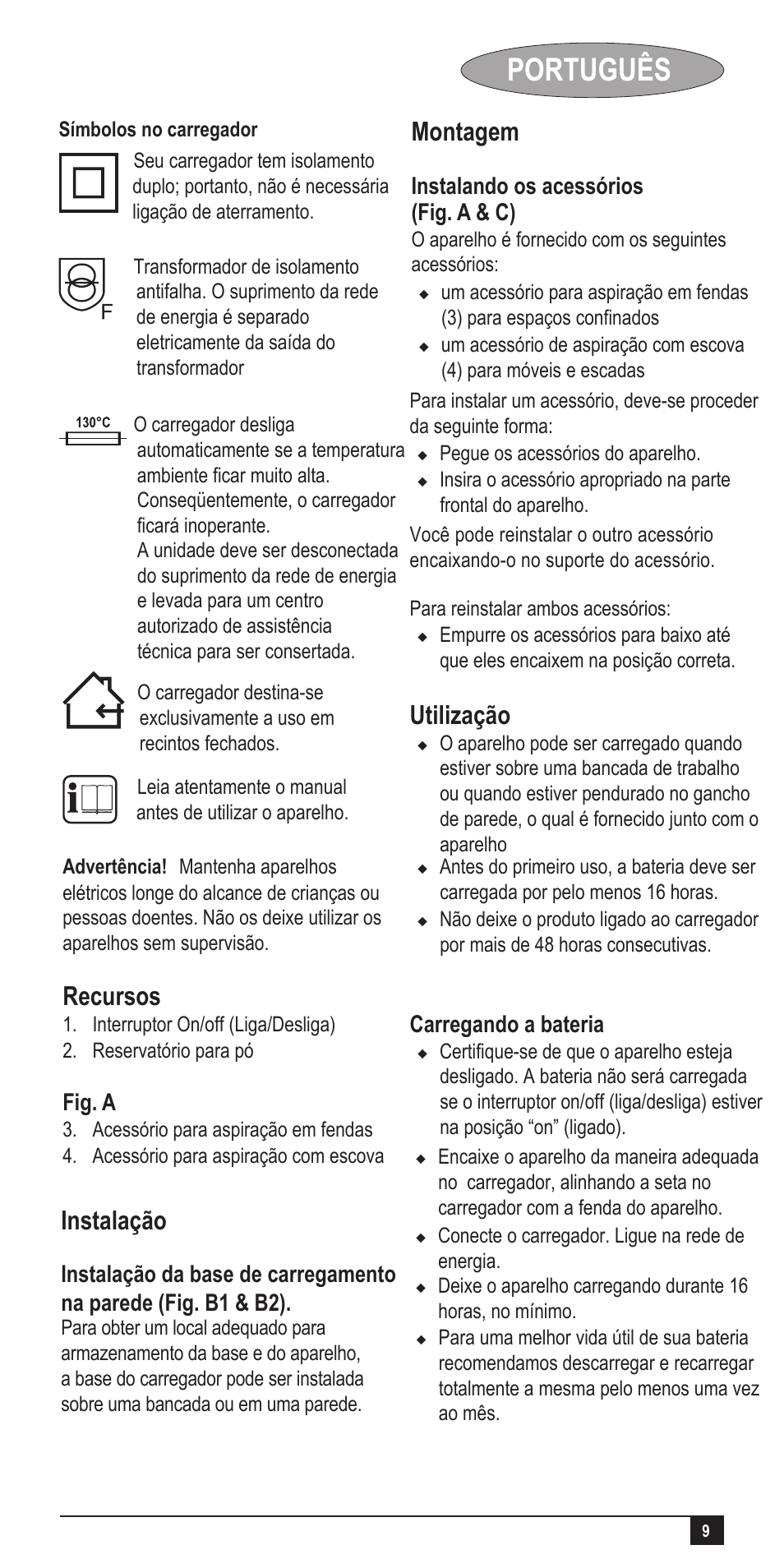 Português, Recursos, Instalação | Montagem, Utilização, Fig. a, Instalando os acessórios (fig. a & c), Carregando a bateria | Black & Decker Dust Buster AA045020D User Manual | Page 9 / 16