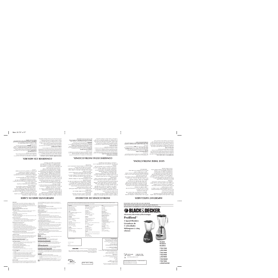 Problend, Save these instructions, Conserve estas instrucciones | Conserver ces mesures, Electronic/electrónica/électronique | Black & Decker BL7000 User Manual | Page 2 / 2