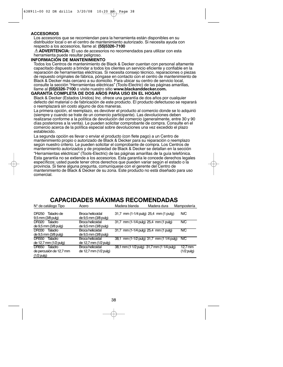 Capacidades máximas recomendadas | Black & Decker DR550 User Manual | Page 38 / 40