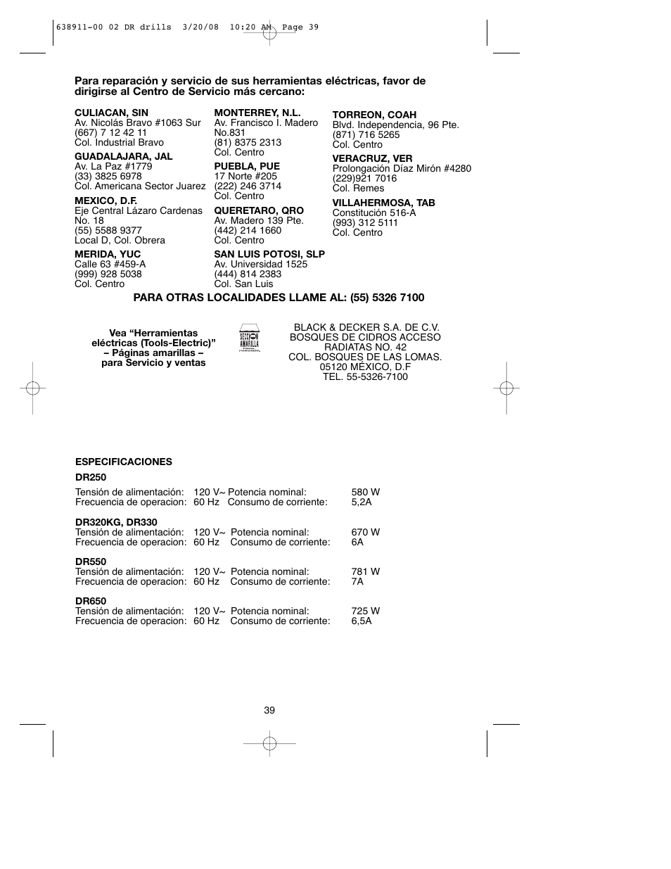Black & Decker DR550 User Manual | Page 39 / 40