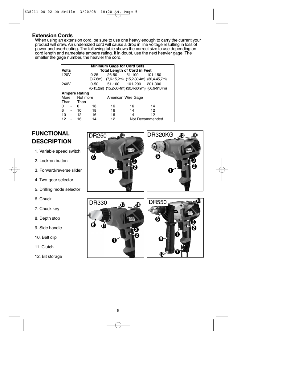 Extension cords | Black & Decker DR550 User Manual | Page 5 / 40
