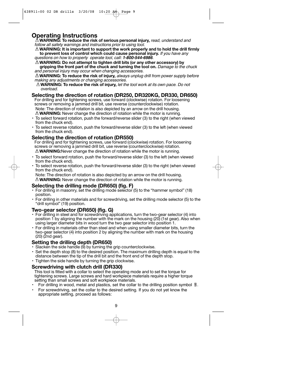Operating instructions | Black & Decker DR550 User Manual | Page 9 / 40