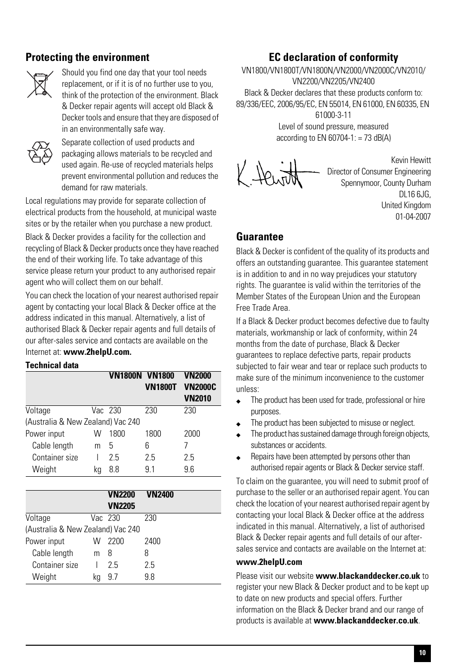Protecting the environment, Ec declaration of conformity, Guarantee | Black & Decker VN2205 User Manual | Page 10 / 16