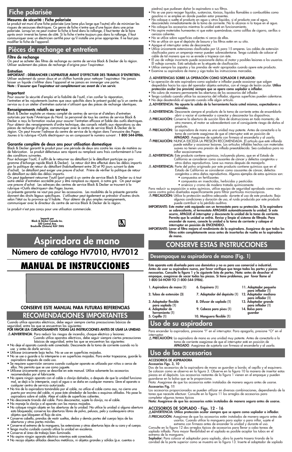 Aspiradora de mano, Manual de instrucciones, Conserve estas instrucciones | Uso de su aspiradora, Recomendaciones importantes, Pièces de rechange et entretien, Uso de los accesorios fiche polarisée, Desempaque su aspiradora de mano (fig. 1) | Black & Decker 598033-02 User Manual | Page 4 / 5