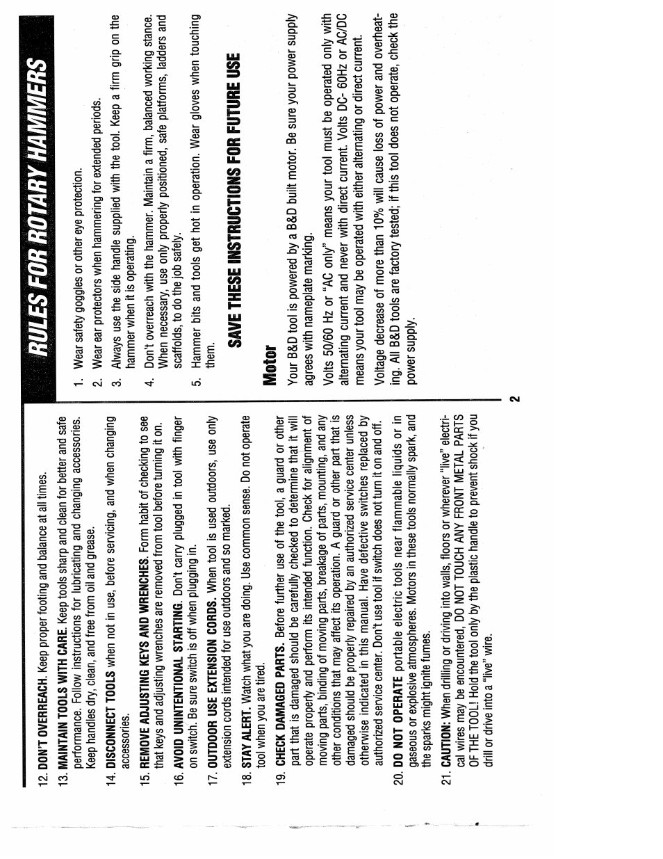 Rules for rotary hammers, Save these instructions for future use motor | Black & Decker Spitfire 5013 User Manual | Page 3 / 8