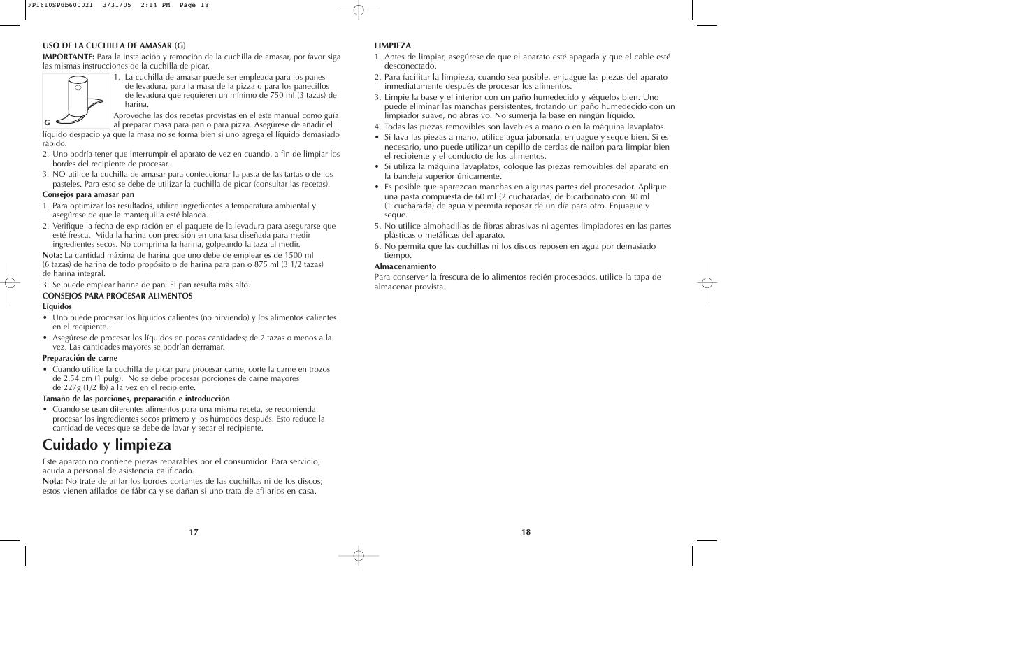 Cuidado y limpieza | Black & Decker FP1610 User Manual | Page 10 / 23