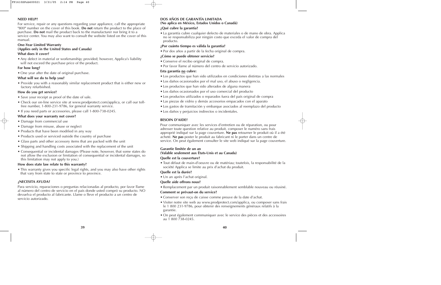 Black & Decker FP1610 User Manual | Page 21 / 23