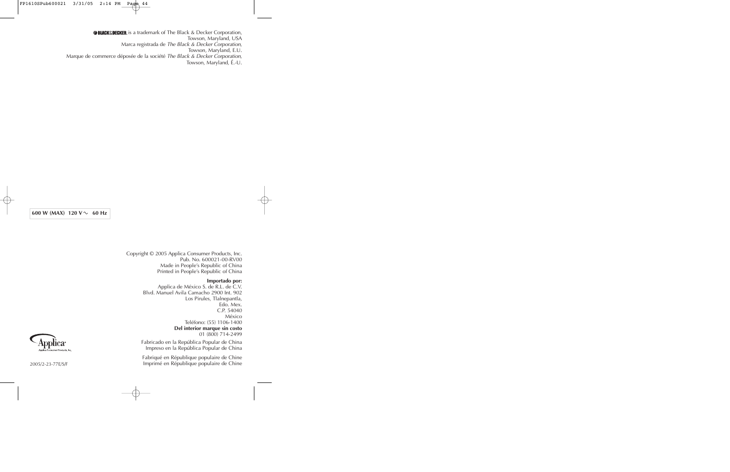 Black & Decker FP1610 User Manual | Page 23 / 23