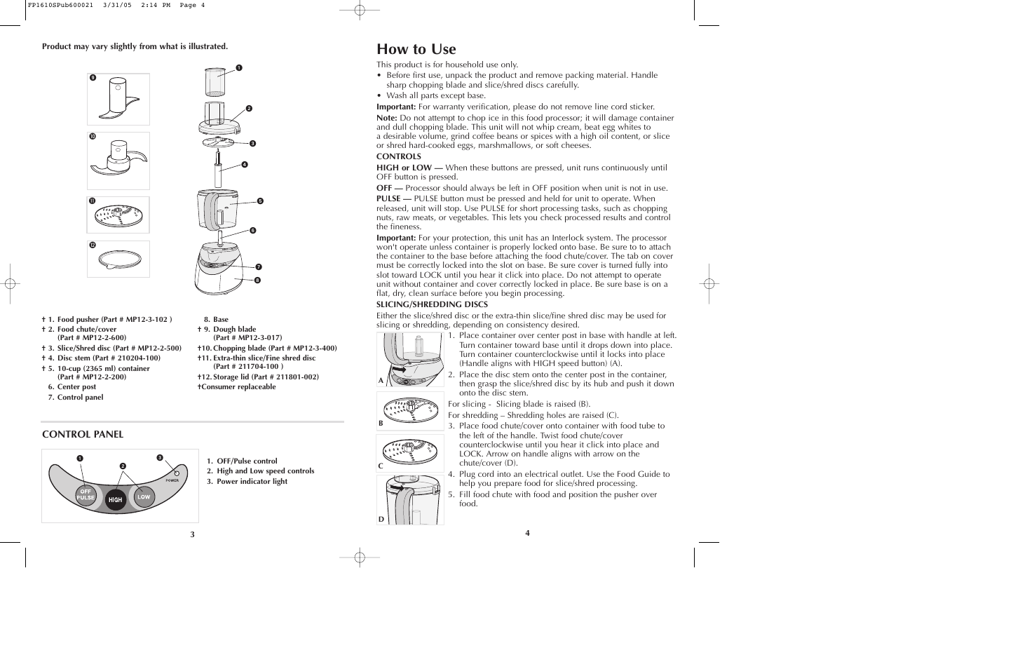 How to use, Control panel | Black & Decker FP1610 User Manual | Page 3 / 23