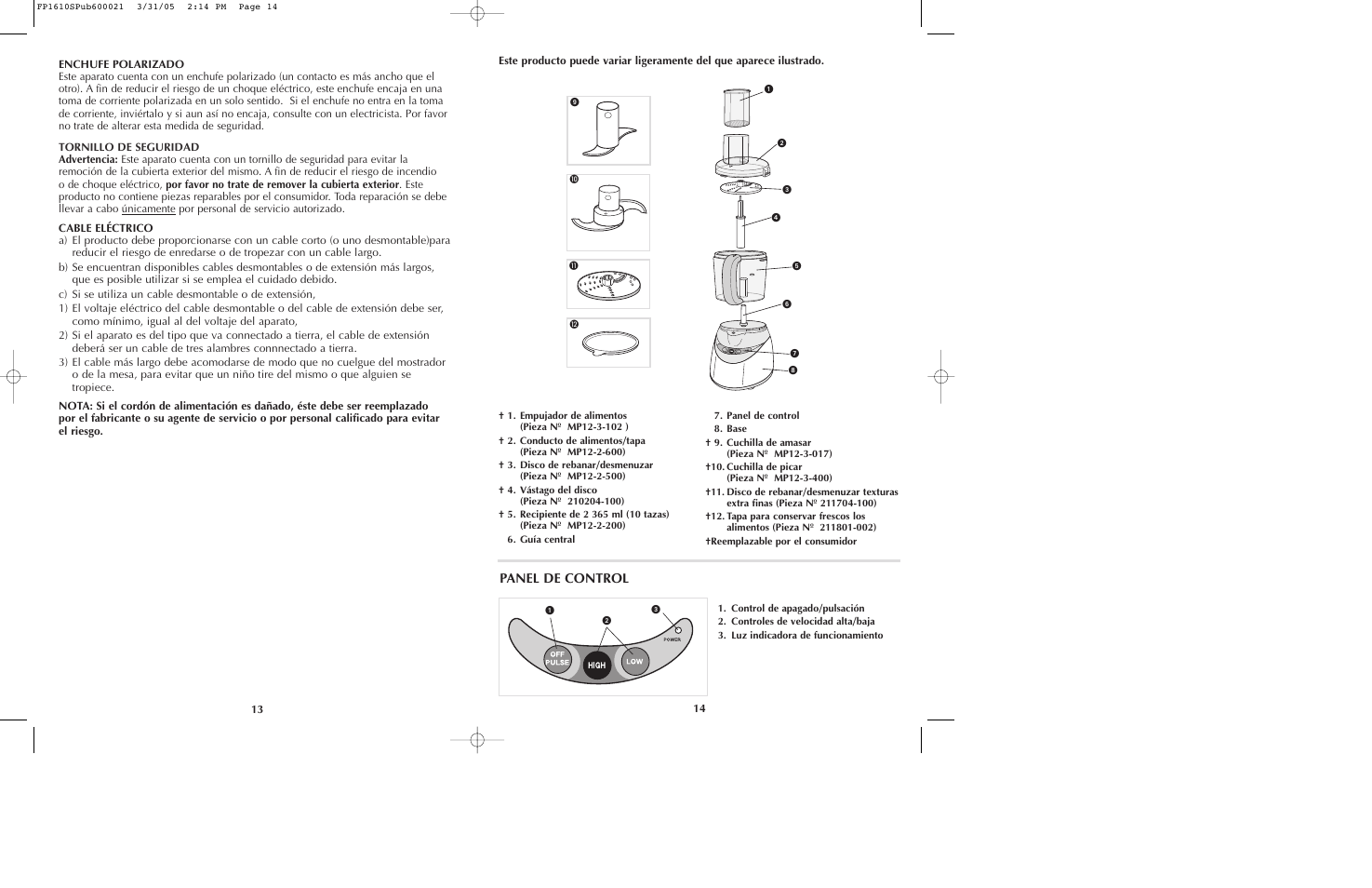 Panel de control | Black & Decker FP1610 User Manual | Page 8 / 23
