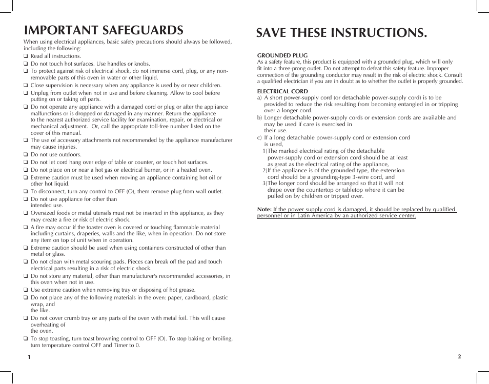 Important safeguards save these instructions | Black & Decker TRO651W User Manual | Page 2 / 15