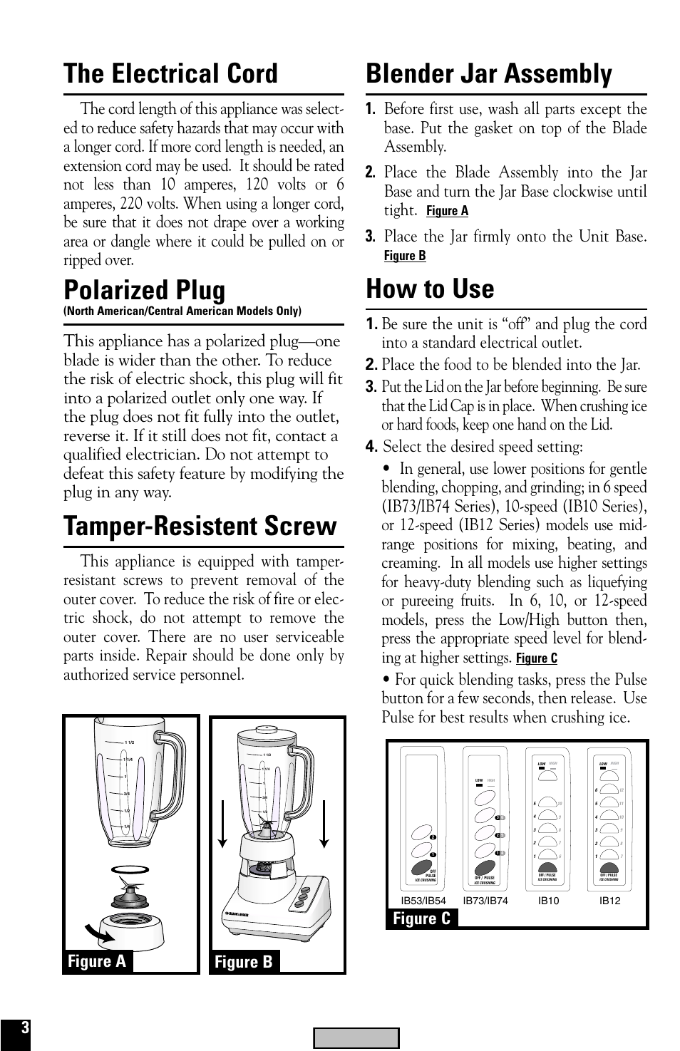 Blender assmebly, How to use, Blender jar assembly | The electrical cord, Polarized plug, Tamper-resistent screw, Place the jar firmly onto the unit base, Figure b 3, Cover, Figure a | Black & Decker IB12 User Manual | Page 3 / 12
