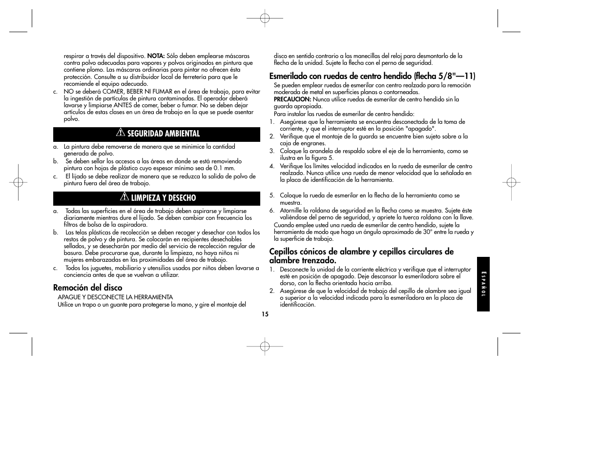 Seguridad ambiental, Limpieza y desecho, Remoción del disco | Black & Decker TV800 User Manual | Page 15 / 16