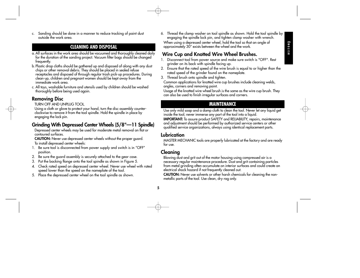 Cleaning and disposal, Removing disc, Wire cup and knotted wire wheel brushes | Maintenance, Lubrication, Cleaning | Black & Decker TV800 User Manual | Page 5 / 16