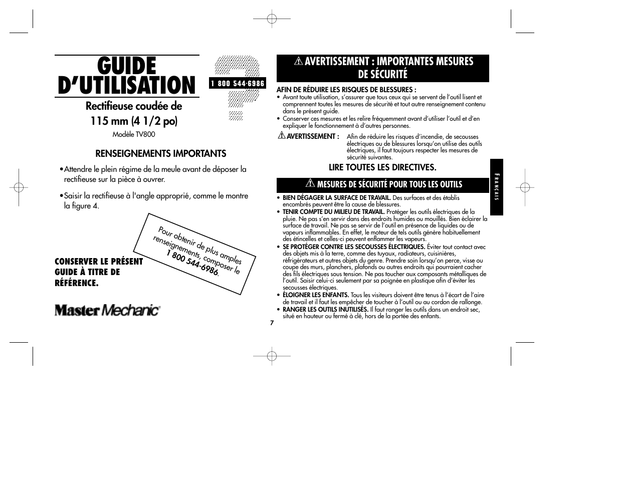 Guide d’utilisation, Avertissement : importantes mesures de sécurité | Black & Decker TV800 User Manual | Page 7 / 16