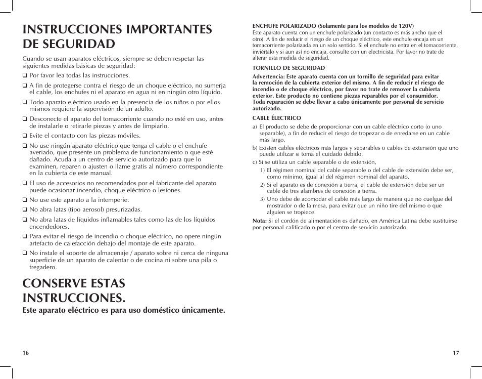 Instrucciones importantes de seguridad, Conserve estas instrucciones | Black & Decker CO95 User Manual | Page 9 / 19