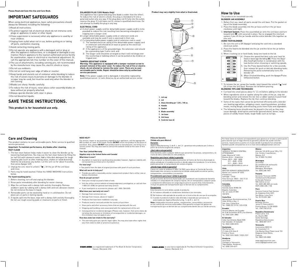 Important safeguards, Save these instructions, Baja alta | How to use, Care and cleaning | Black & Decker Crush Master BLM10350Mn User Manual | Page 2 / 2