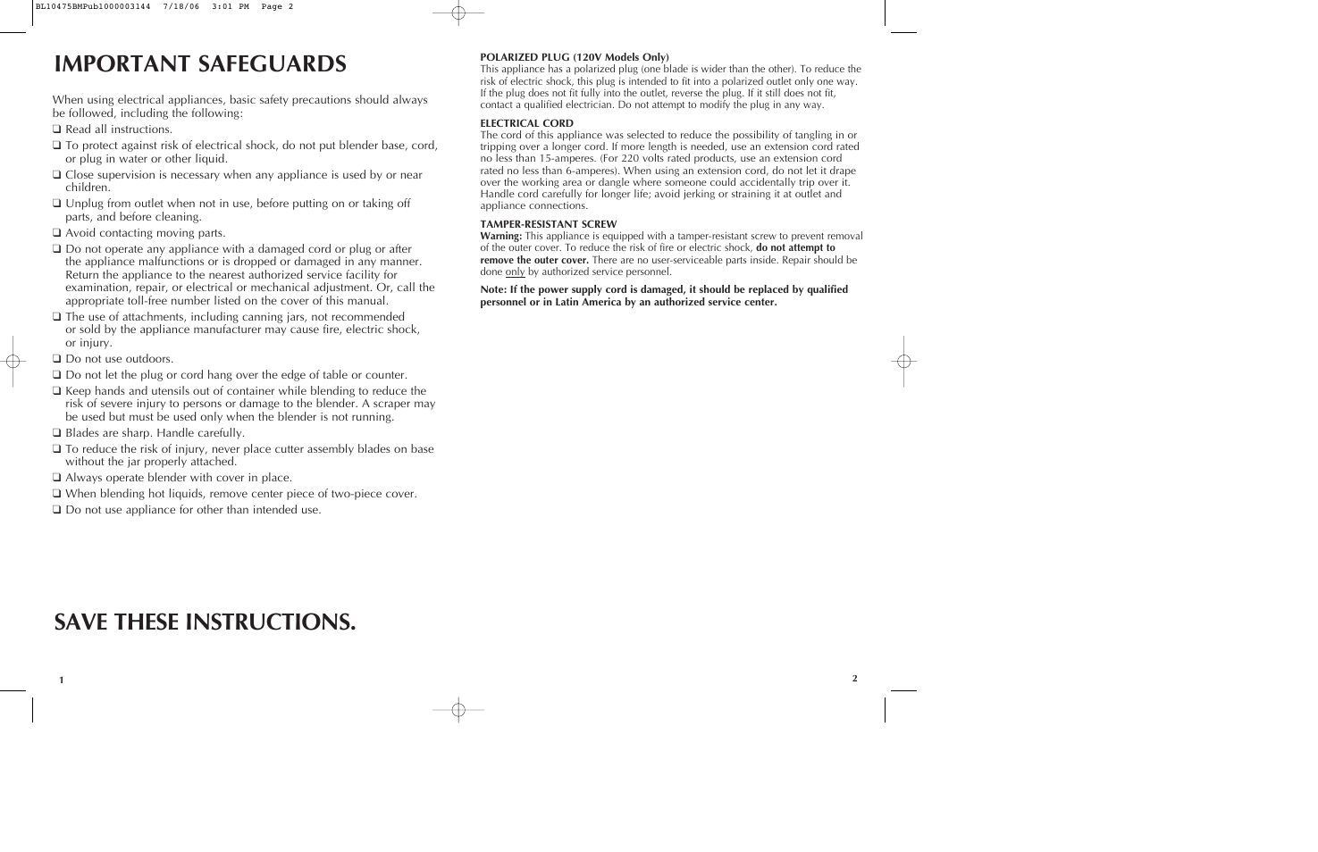 Important safeguards, Save these instructions | Black & Decker BL10475BM User Manual | Page 2 / 13