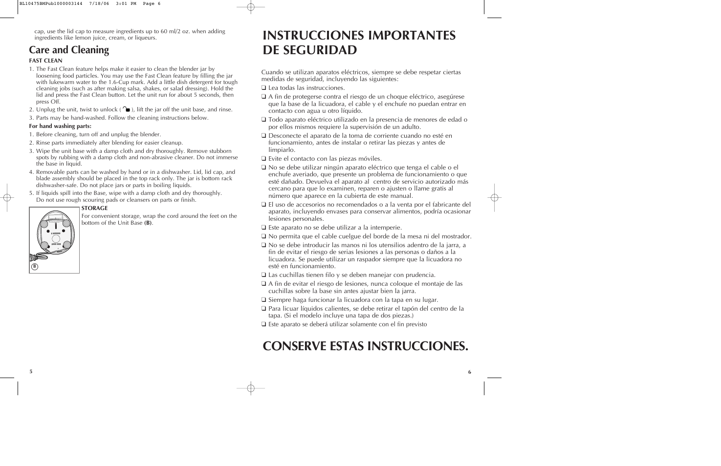 Instrucciones importantes de seguridad, Conserve estas instrucciones, Care and cleaning | Black & Decker BL10475BM User Manual | Page 4 / 13