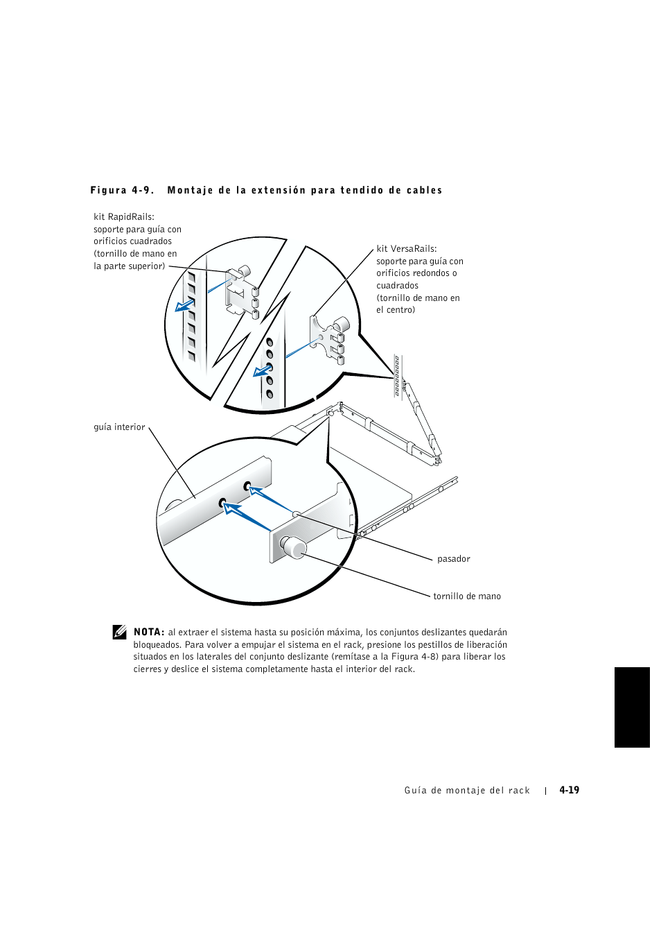 Montaje de ia extensión para, Tendido de cabies | Dell PowerVault 715N (Rackmount NAS Appliance) User Manual | Page 103 / 132