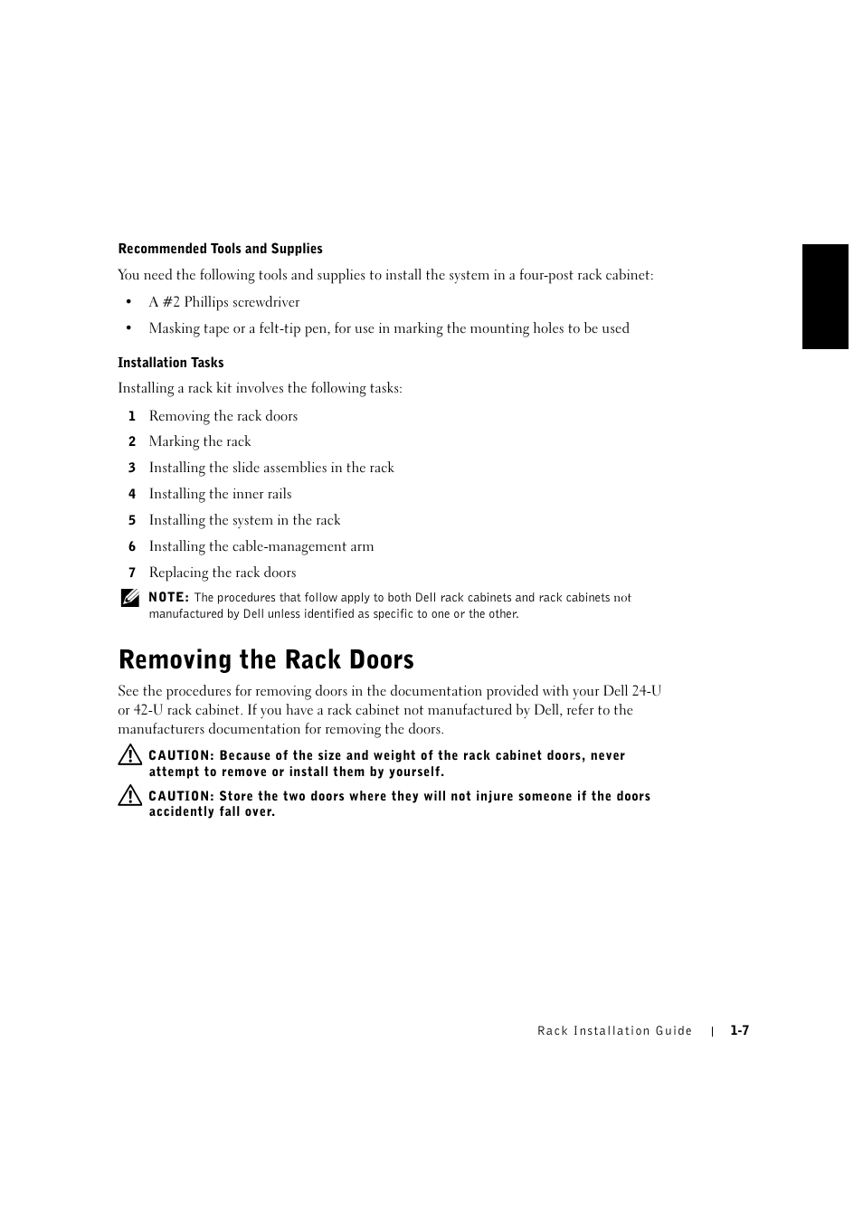 Removing the rack doors, Removing the rack doors -7 | Dell PowerVault 715N (Rackmount NAS Appliance) User Manual | Page 11 / 132
