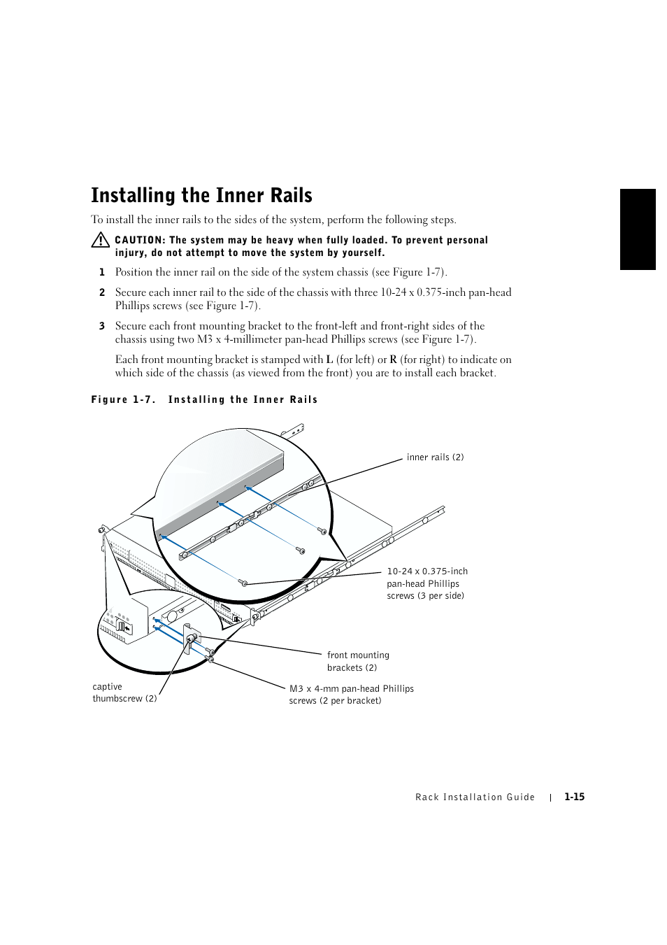 Installing the inner rails, Installing the inner rails -15 | Dell PowerVault 715N (Rackmount NAS Appliance) User Manual | Page 19 / 132