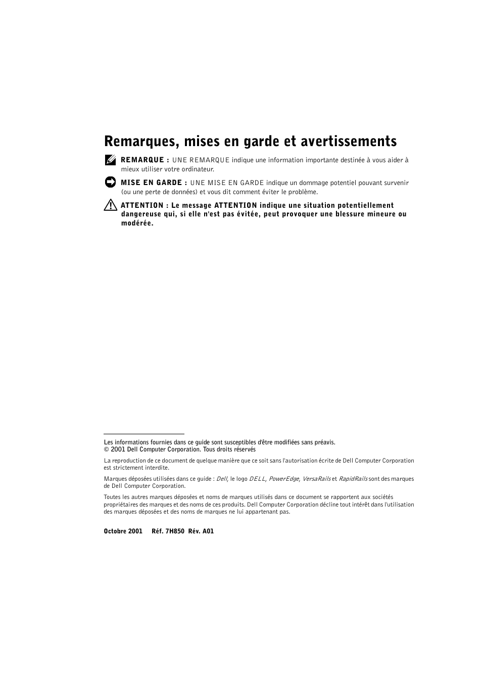 Remarques, mises en garde et avertissements | Dell PowerVault 715N (Rackmount NAS Appliance) User Manual | Page 28 / 132