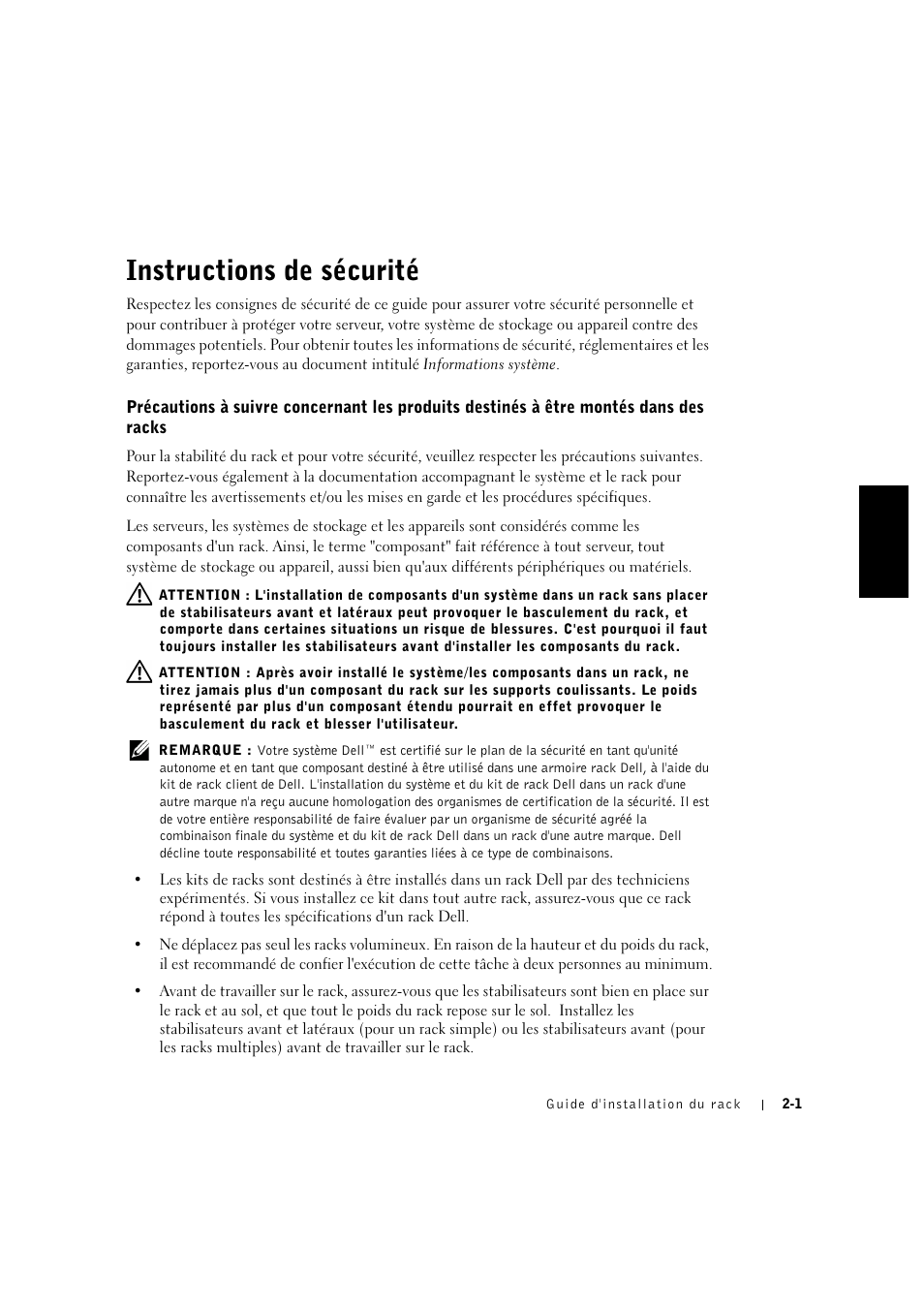 Instructions de sécurité, Instructions de sécurité -1 | Dell PowerVault 715N (Rackmount NAS Appliance) User Manual | Page 31 / 132
