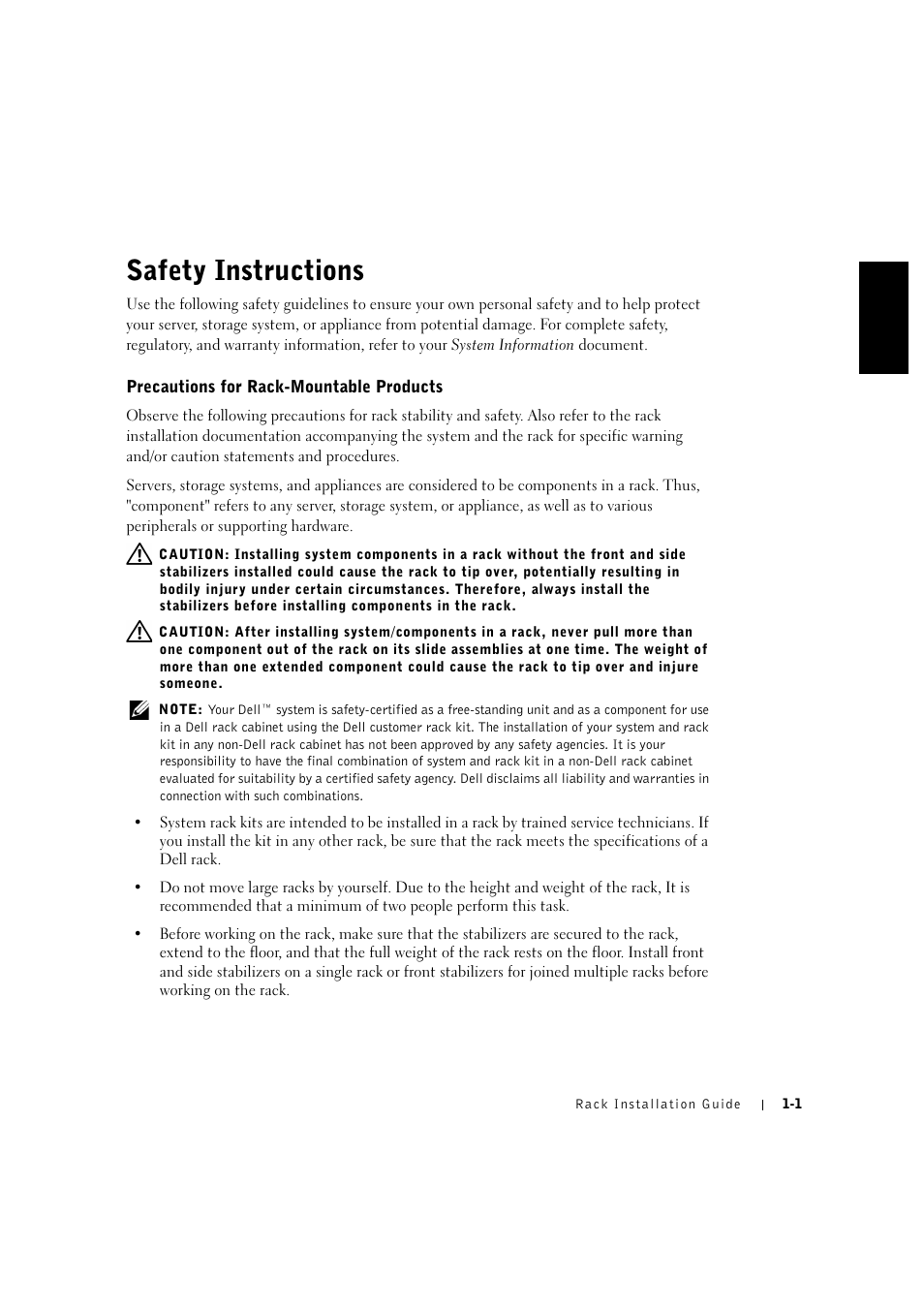 Safety instructions, Safety instructions -1, Precautions for rack-mountable products | Dell PowerVault 715N (Rackmount NAS Appliance) User Manual | Page 5 / 132