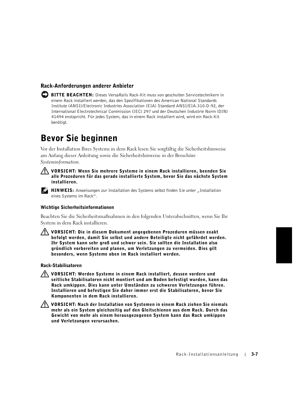 Bevor sie beginnen, Bevor sie beginnen -7, Rack-anforderungen anderer anbieter | Dell PowerVault 715N (Rackmount NAS Appliance) User Manual | Page 63 / 132
